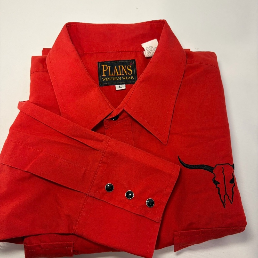 Plains Western Wear Men Red Pearl Snap Longhorn Skulls Button Shirt Large Vtg